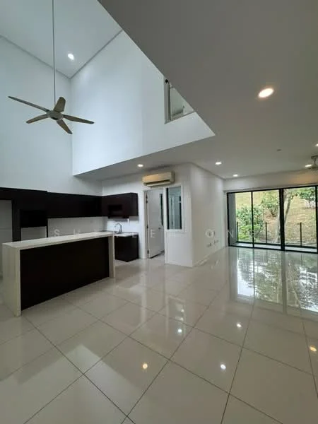 Living features: white painted walls, polished ceramic tile flooring, 5-blade ceiling fan with light, recessed downlights, large sliding glass doors, open layout, kitchen island with bar seating, air conditioning unit; style: modern; view: garden.