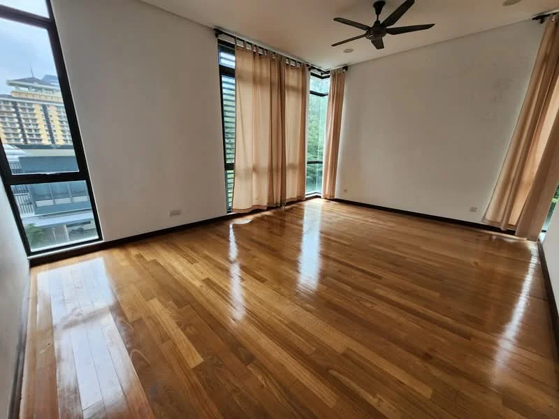 Room features: wooden flooring, 5-blade ceiling fan, floor-to-ceiling windows, sheer curtains, natural light, neutral wall color, balcony access, no visible furniture; style: modern; view: garden.