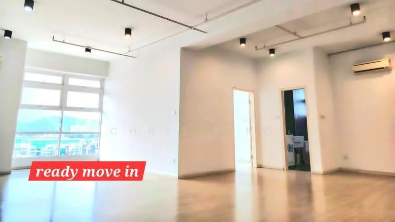 Room features: white painted walls, light wood flooring, recessed LED downlights, 1 wall-mounted split AC, floor-to-ceiling windows, city view, open layout, high ceiling; style: modern; view: city.
