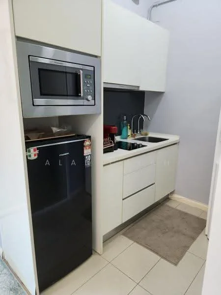 Kitchen features: white cabinetry, black refrigerator, built-in microwave, single-bowl stainless-steel sink, chrome pull-down faucet, grey countertop, tile backsplash, light-colored tile flooring, kitchen mat; style: modern.