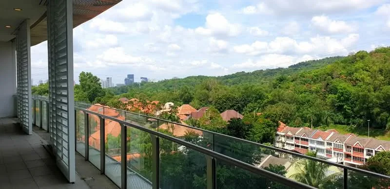 Room features: balcony with glass railing, tile flooring, view of greenery, view of city skyline, overhead awning, sliding glass door access; style: modern; view: city.