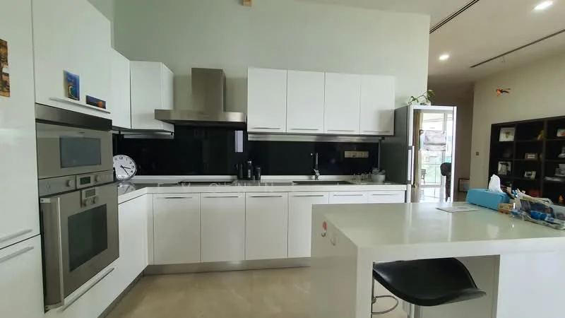 Kitchen features: white flat-panel cabinets, stainless-steel built-in oven, stainless-steel microwave, black glass backsplash, white countertop, single-bowl stainless-steel sink, chrome pull-down faucet, island with seating, bar stools, recessed downlights, large window for natural light, open layout, tile flooring; style: modern.