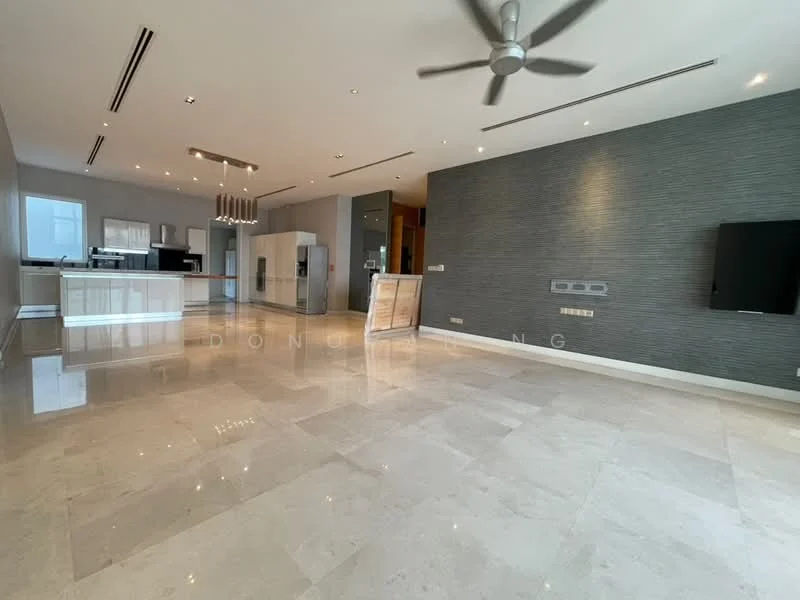 Living features: marble flooring, grey accent wall, recessed downlights, 5-blade ceiling fan, wall-mounted TV, large windows, open layout to kitchen, sliding glass door, decorative wall panel, neutral color palette; style: modern. Kitchen features: stainless-steel appliances, island countertop, white cabinetry, open layout to living area, pendant lighting, backlit cabinetry; style: modern.