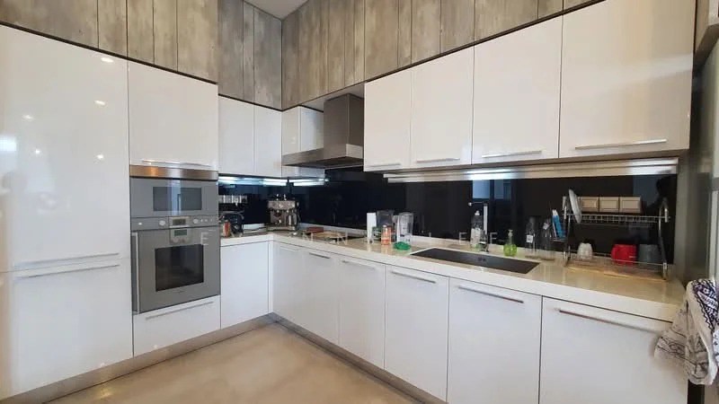 Kitchen features: white high-gloss cabinetry, stainless-steel built-in oven, stainless-steel microwave, stainless-steel range hood, black glass backsplash, single-bowl stainless-steel sink, chrome pull-down faucet, countertop with integrated cooktop, under-cabinet lighting, ceramic tile flooring, recessed downlights, open shelving, kitchen island; style: modern.