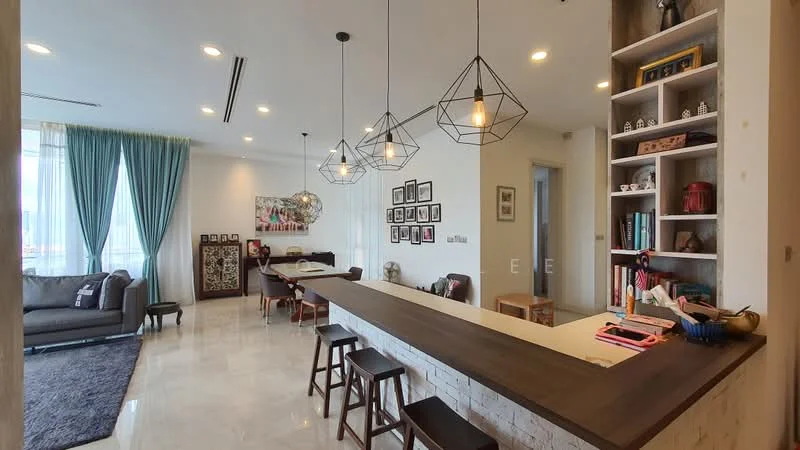 Living features: grey fabric sofa, area rug with geometric pattern, coffee table, wall-mounted TV, decorative wall art, framed photographs, floor-to-ceiling windows, curtains in light blue, recessed downlights, pendant lighting, open kitchen bar counter, wooden bar stools, built-in shelving unit, marble flooring; style: modern; view: city.
