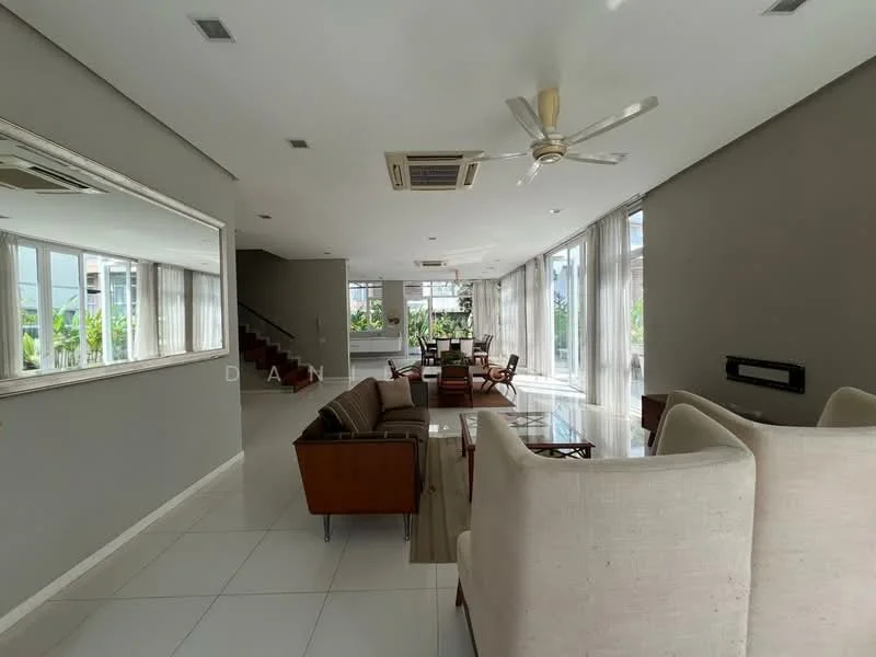 Living features: white painted walls, grey accent wall, polished tile flooring, 5-blade ceiling fan with light, recessed downlights, floor-to-ceiling windows, sheer curtains, sofa in light fabric, wooden coffee table, dining table with chairs, decorative mirror, open layout, staircase in background; style: modern; view: garden.