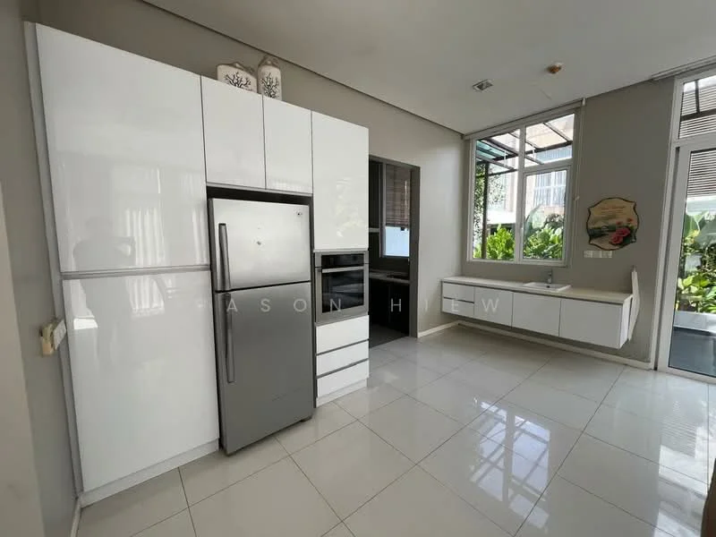 Kitchen features: white glossy cabinetry, stainless-steel fridge, built-in oven, stainless-steel microwave, single-bowl stainless-steel sink, chrome pull-down faucet, white countertop, ceramic tile flooring, large windows with garden view, recessed downlights; style: modern; view: garden.