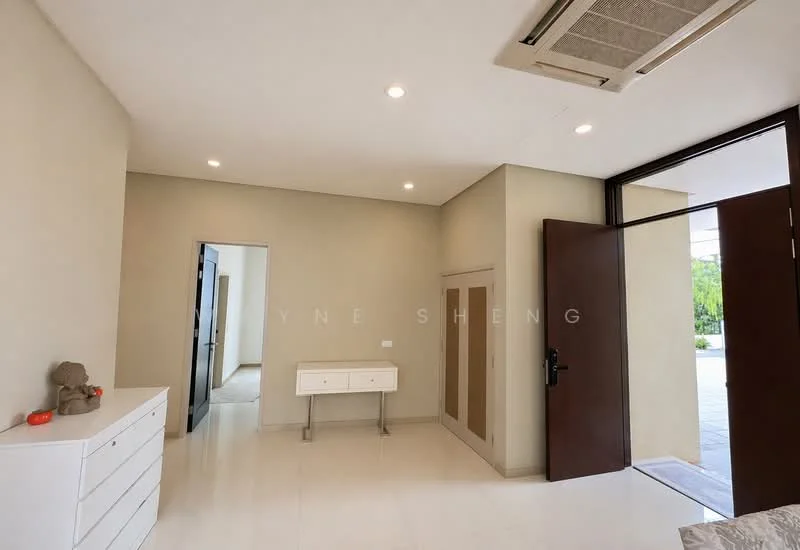 Room features: light beige painted walls, white tiled flooring, recessed downlights, double wooden door, single white console table, wall-mounted air conditioning unit, doorway leading to another room; style: modern.