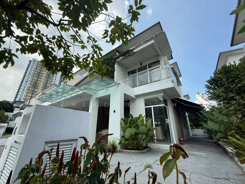 Exterior type: detached bungalow; features: white painted facade, flat roof, approximately 2-storey, manicured landscaping, paved walkway, large glass windows, balcony with glass railing, surrounded by greenery, garden area with plants, modern architectural design; style: modern.