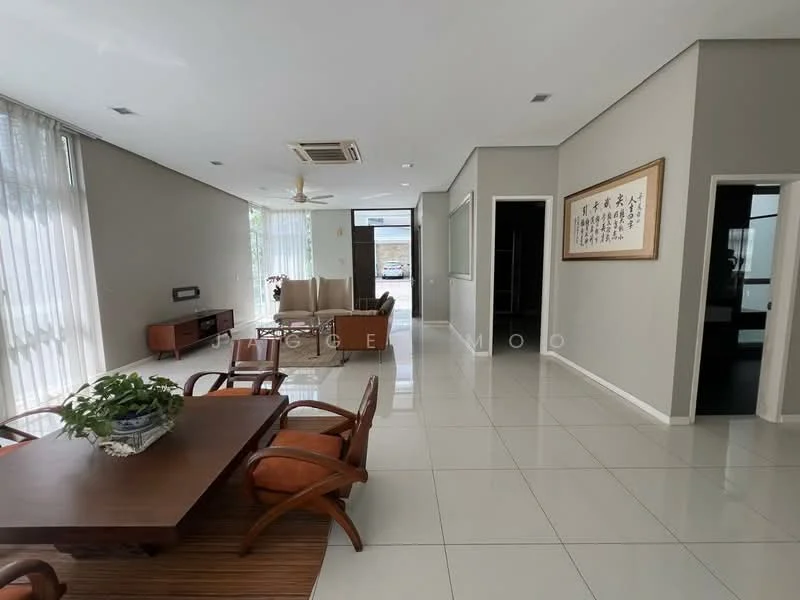 Living features: white painted walls, glossy tile flooring, 5-blade ceiling fan with light, large windows with sheer curtains, wooden dining table, 4 wooden chairs, sofa set in beige, decorative wall art, area rug, open layout to adjacent rooms; style: modern.