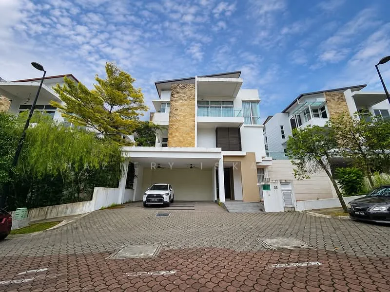 Exterior type: detached bungalow; features: white painted facade, stone cladding, flat roof, double-storey, manicured lawn, mature trees, paved driveway, car porch with awning, surrounded by greenery; style: modern.