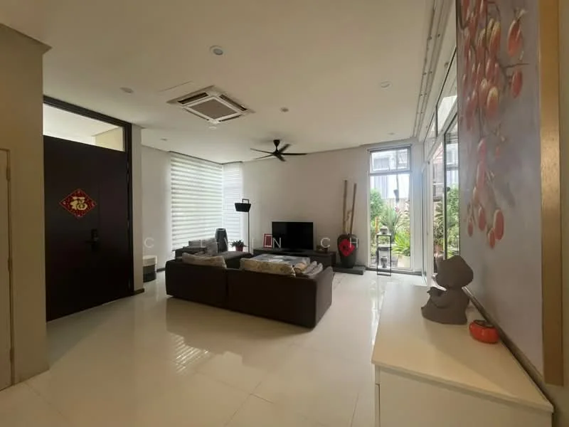 Living features: cream painted walls, white ceiling, 5-blade ceiling fan with light, large floor-to-ceiling windows, sliding glass door, white roller blinds, dark brown leather sofa, coffee table, decorative wall art, decorative statue, laminate flooring, potted plants; style: modern; view: garden.