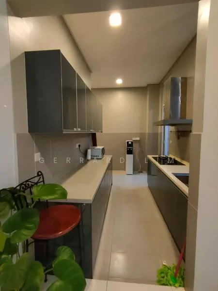 Kitchen features: grey cabinetry, white countertop, built-in oven, stainless-steel sink, chrome pull-down faucet, ceramic tile flooring, recessed downlights, microwave, refrigerator, open shelving, wall-mounted extractor hood; style: modern.