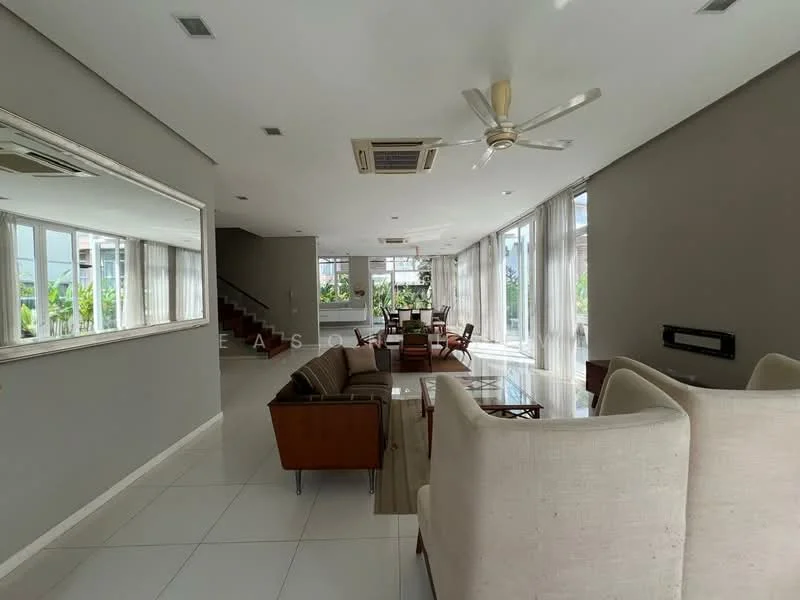 Living features: white painted walls, marble tile flooring, tray ceiling, 5-blade ceiling fan with light, floor-to-ceiling windows, sheer curtains, sofa in beige fabric, 2-seater leather sofa, coffee table, TV console, area rug, dining table with chairs, staircase in background; style: modern; view: garden.