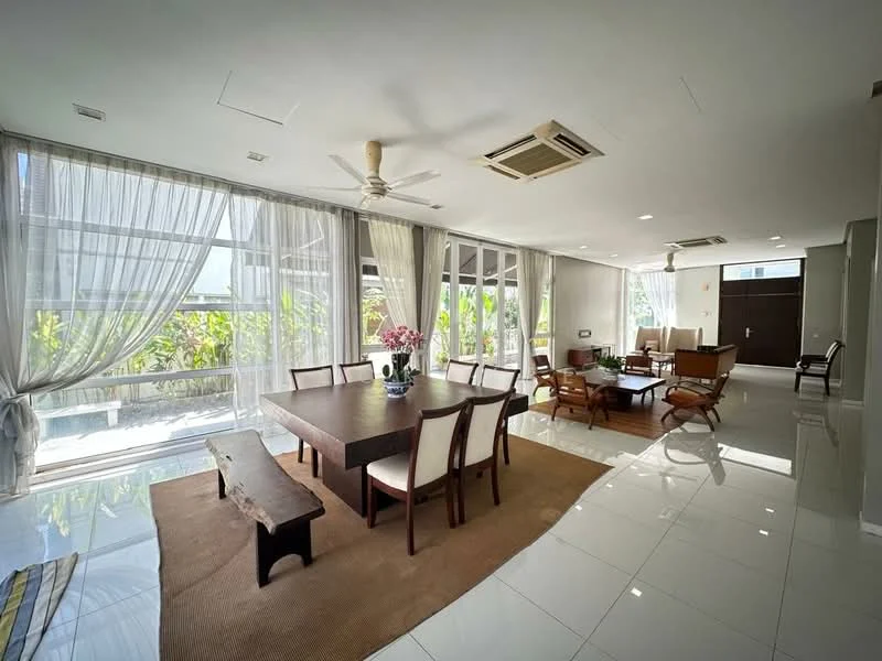 Dining features: 6-seater dining table, wooden dining bench, upholstered dining chairs, area rug, floor-to-ceiling windows, sheer curtains, ceiling fan, recessed downlights, white walls, glossy tile flooring; style: modern; view: garden. Living features: sofa set, coffee table, TV console, wooden armchairs, decorative plants, floor-to-ceiling windows, sheer curtains, ceiling fan, recessed downlights, white walls, glossy tile flooring; style: modern; view: garden.