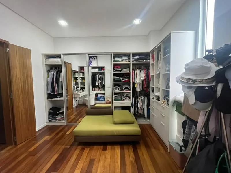 Room features: built-in wardrobe with sliding mirrored doors, open shelving, hanging space for clothes, wooden flooring, green upholstered lounge chair, spotlights on ceiling, white walls, storage drawers; style: modern.