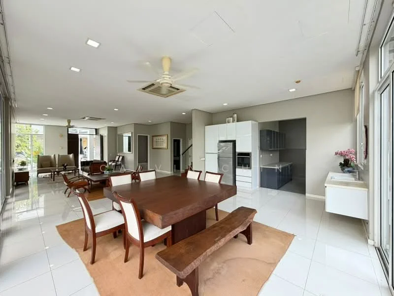 Dining features: large wooden dining table, upholstered dining chairs, wooden bench seating, area rug, white tiled flooring, ceiling fan, recessed LED downlights, large windows with natural light, open layout to living area, wall-mounted cabinetry, kitchen area visible in background; style: modern; view: garden.