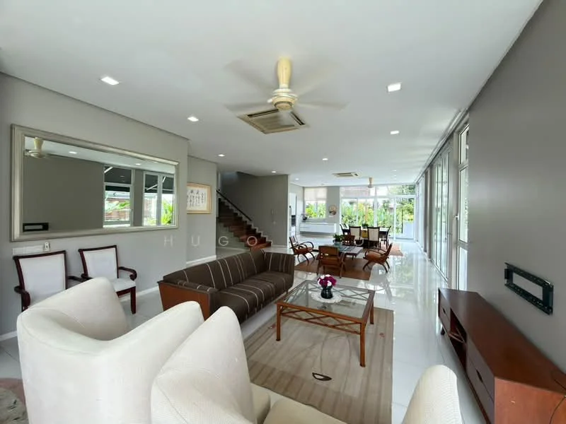 Living features: 3-seater fabric sofa in grey, 2 armchairs in cream upholstery, wooden coffee table with glass top, area rug with geometric pattern, wall-mounted TV, ceiling fan with light, recessed downlights, large windows with sheer curtains, decorative mirror, potted plant, open layout to dining area; style: modern; view: garden. Dining features: 6-seater dining table in wood, upholstered dining chairs, large windows with garden view, pendant lighting above dining table; style: modern; view: garden.