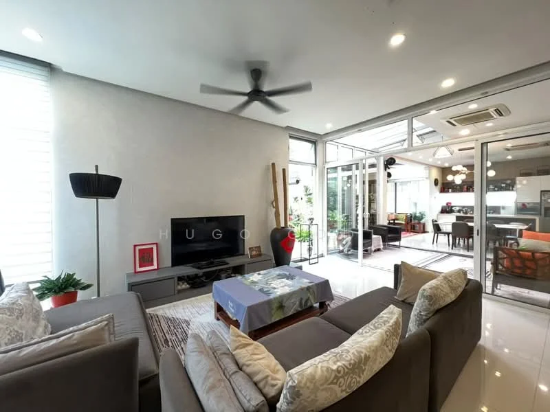 Living features: 3-seater fabric sofa in grey, 2-seater fabric sofa in beige, coffee table, wall-mounted TV, TV console, area rug with geometric pattern, 5-blade ceiling fan with light, floor-to-ceiling windows, sliding glass door, decorative plants, recessed downlights, white painted walls, polished tile flooring; style: modern; view: garden.