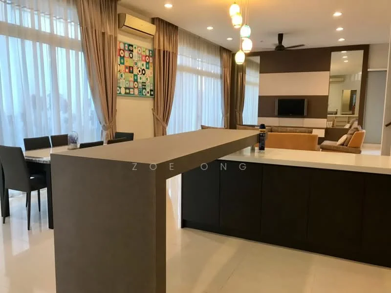 Kitchen features: island countertop with grey surface, white quartz countertop, dark wood cabinetry, stainless-steel sink, chrome pull-down faucet, pendant lighting, open shelving, recessed downlights; style: modern; view: city. Dining features: 4-seater dining table, upholstered dining chairs, glass vase on table, floor-to-ceiling windows, sheer curtains; style: modern; view: city. Living features: sofa in beige, coffee table, wall-mounted TV, decorative artwork on wall, recessed downlights, floor-to-ceiling windows, sheer curtains; style: modern; view: city.