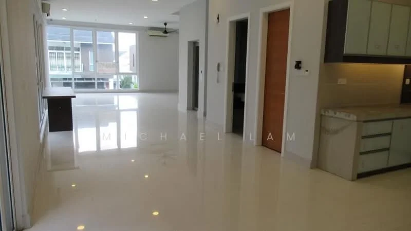 Living features: polished marble flooring, white painted walls, recessed downlights, ceiling fan, large windows with natural light, open layout, sliding glass door, neutral color palette, built-in cabinetry, kitchen island, dining area adjacent; style: modern.