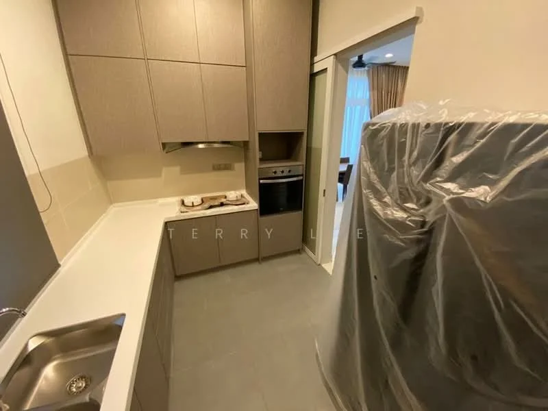 Kitchen features: single-bowl stainless-steel sink, chrome pull-down faucet, laminate countertop, built-in oven, freestanding range oven, grey cabinetry, ceramic tile flooring, recessed downlights; style: modern.