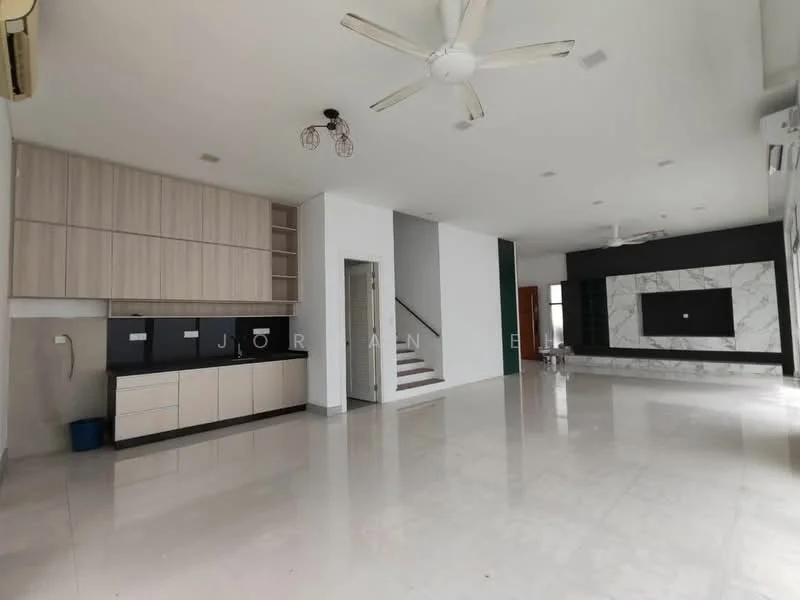 Living features: white painted walls, marble tile flooring, 5-blade ceiling fan, recessed downlights, built-in cabinetry with light wood finish, black kitchen cabinets, stainless-steel sink, wall-mounted TV, feature wall with marble cladding, open layout, staircase leading to upper level, large windows for natural light; style: modern.