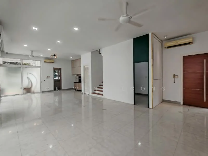 Living features: marble tile flooring, white painted walls, recessed downlights, 5-blade ceiling fan, sliding glass door, large windows, open layout, staircase leading to upper floor, air conditioning unit, intercom panel, door with wood finish; style: modern. Kitchen features: kitchen cabinetry, countertop, sink, appliances visible; style: modern.
