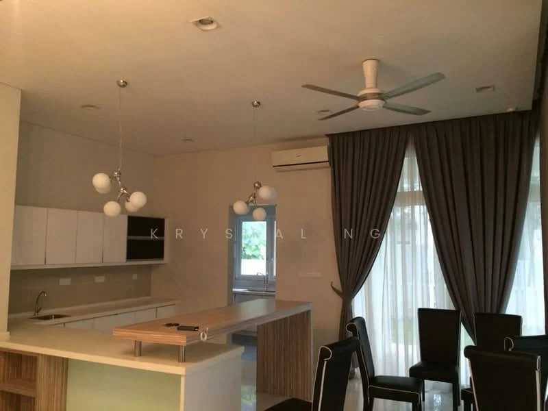 Kitchen features: white cabinetry, marble countertop, single-bowl stainless-steel sink, chrome pull-down faucet, built-in oven, freestanding range oven, refrigerator, pendant lighting with multiple bulbs, 5-blade ceiling fan, sliding glass door, floor-to-ceiling windows, grey curtains, breakfast bar; style: modern; view: garden.