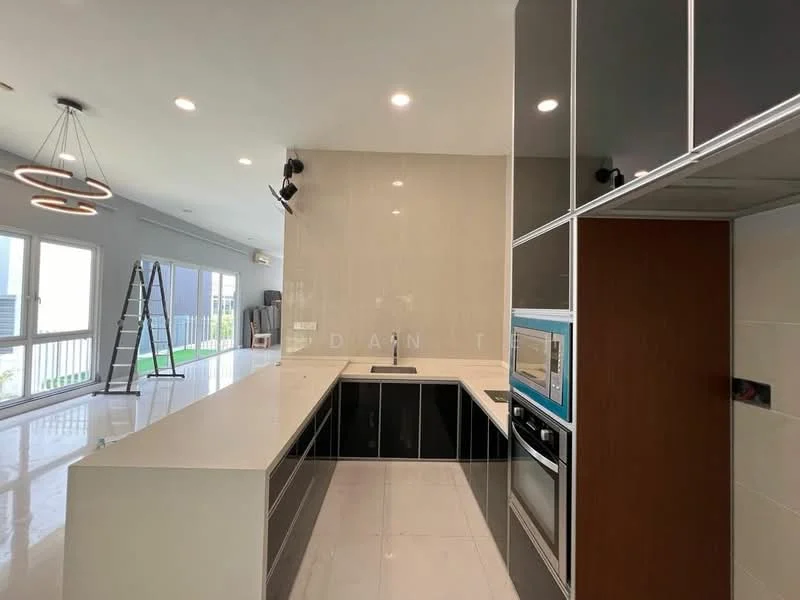 Kitchen features: white quartz countertop, black cabinetry, built-in oven, microwave, stainless-steel sink, chrome pull-down faucet, pendant lighting, recessed downlights, open layout, large windows, sliding glass door, tile flooring, island with seating, kitchen island, modern design; style: modern; view: garden.