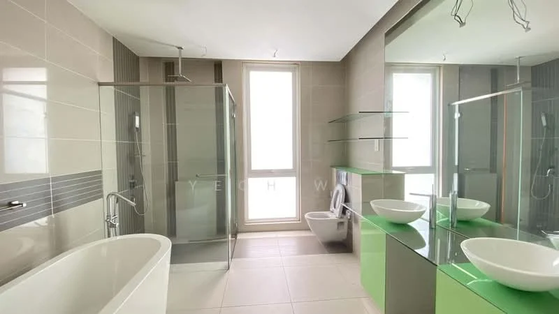 Bathroom features: freestanding bathtub, walk-in shower with glass enclosure, chrome basin mixer faucet, double-sink vanity with green cabinetry, white vessel sinks, large mirror above vanity, toilet, tile flooring, grey accent wall, floor-to-ceiling windows, recessed lighting; style: modern.