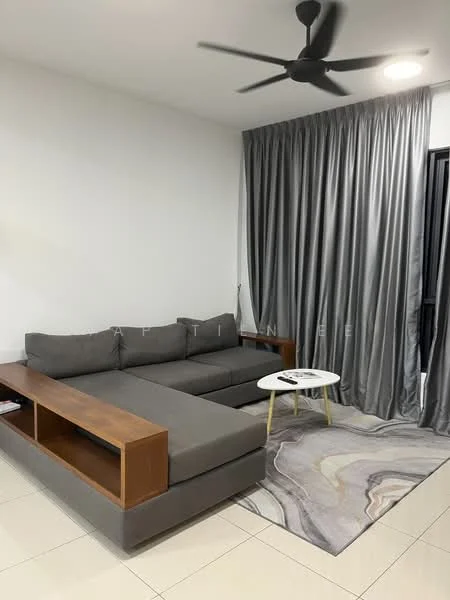 Living features: L-shape sectional sofa in grey, wooden coffee table, area rug with marble pattern, 5-blade ceiling fan, floor-to-ceiling curtains in grey, white painted walls, tile flooring; style: modern.