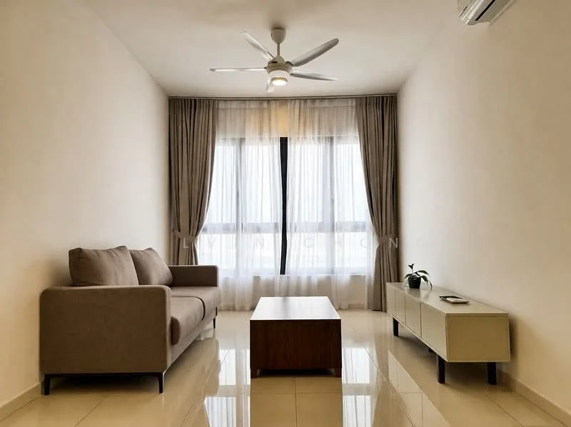 Living features: 3-seater fabric sofa in beige, wood coffee table, TV console, floor-to-ceiling windows, sheer curtains, recessed downlights, 5-blade ceiling fan with light, wall-mounted air conditioning unit, glossy tile flooring, decorative plant in ceramic pot; style: modern.