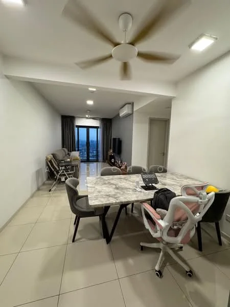 Dining features: marble dining table, upholstered dining chairs, 5-blade ceiling fan with light, tile flooring, floor-to-ceiling windows, curtains, wall-mounted TV, sofa, coffee table; style: modern; view: city.