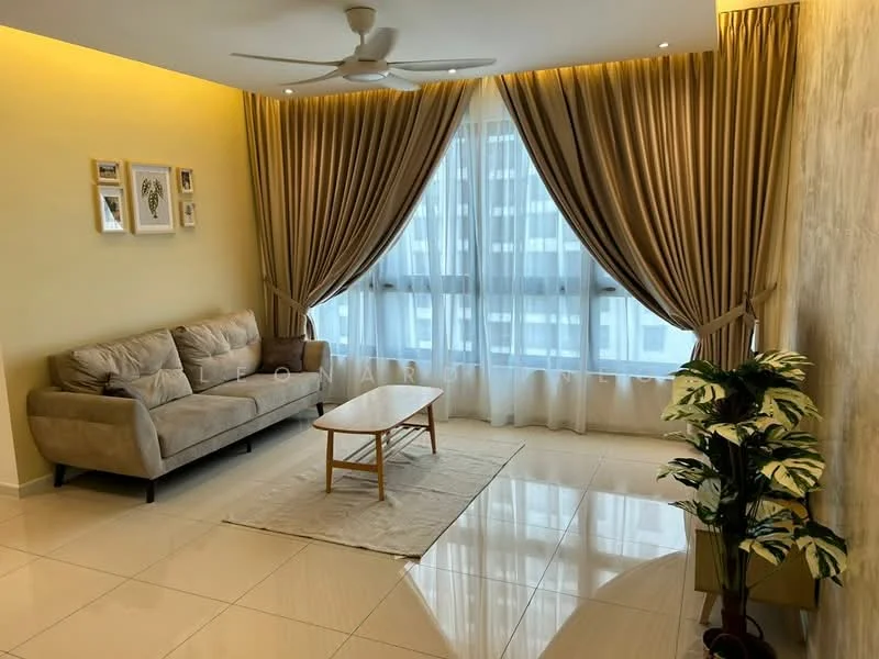 Living features: 3-seater fabric sofa in beige, coffee table with wooden legs, area rug, floor-to-ceiling windows, sheer curtains, heavy drapes in beige, ceiling fan with light, wall-mounted decor frames, decorative houseplant in pot, glossy tile flooring, accent wall with wood texture; style: modern; view: city.