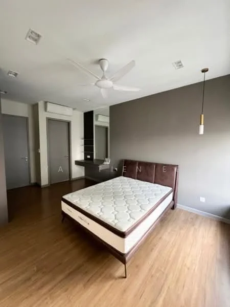 Bedroom features: king-size bed, upholstered headboard, 5-blade ceiling fan with light, wooden flooring, grey accent wall, light fixture with pendant, built-in wardrobe, floor-to-ceiling windows, curtains, wall-mounted air conditioning unit; style: modern.