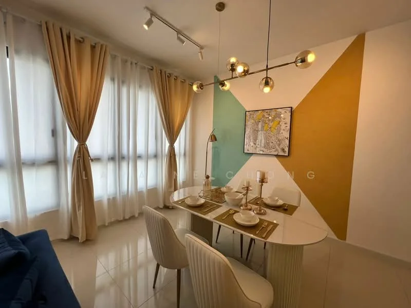 Dining features: round dining table, 4 upholstered dining chairs, gold pendant light fixture, white walls, accent wall with geometric design in green and yellow, floor-to-ceiling windows with sheer curtains, marble flooring, decorative artwork on wall; style: modern.