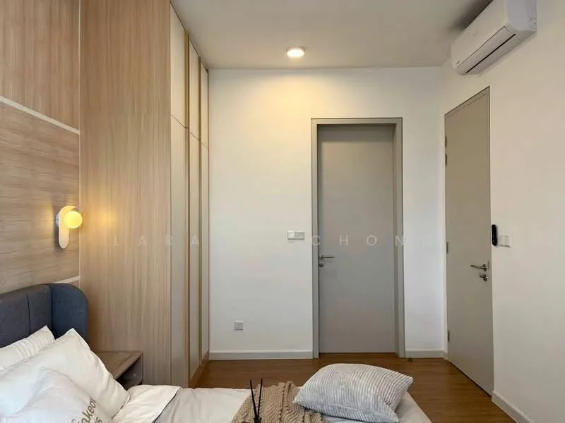 Bedroom features: wooden flooring, white painted walls, wall-mounted light fixture, built-in wardrobe with wood paneling, single bed with grey upholstered headboard, decorative pillows, recessed ceiling lights, air conditioning unit, door to hallway, door to closet; style: modern.
