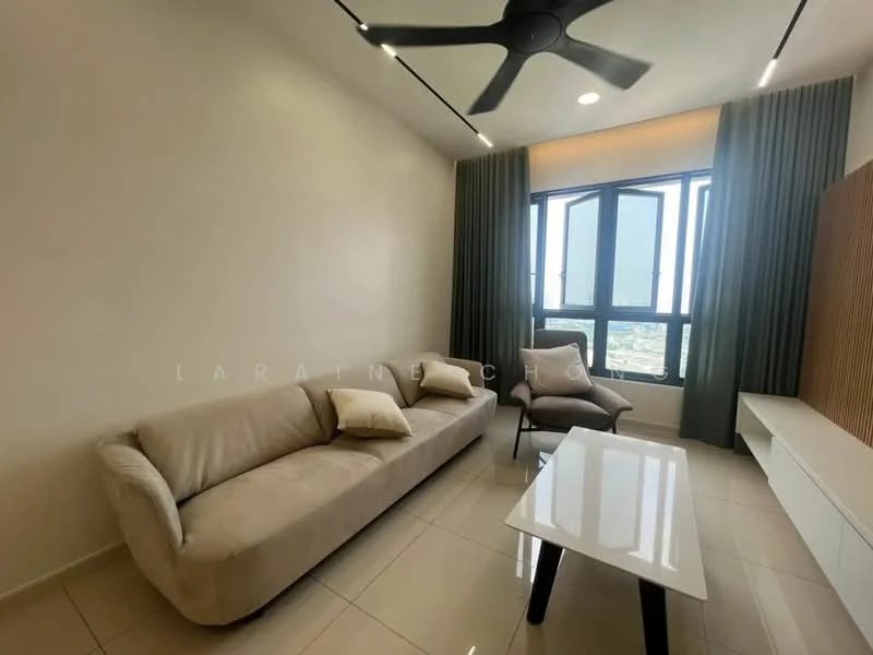 Living features: beige fabric sofa, 2 decorative cushions, white coffee table, wall-mounted TV console, floor-to-ceiling windows, green curtains, recessed LED downlights, ceiling fan with light, glossy tile flooring, neutral painted walls; style: modern; view: city.