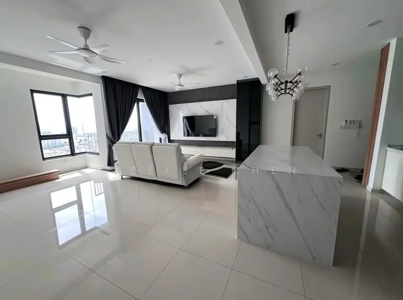 Living features: white walls, marble tile flooring, tray ceiling, 5-blade ceiling fan, floor-to-ceiling windows, black accent wall, wall-mounted TV, chandelier, grey curtains, white leather sofa, coffee table, decorative wall panel, open layout, natural light; style: modern; view: city. Kitchen features: marble countertop, white cabinetry, built-in appliances, open layout; style: modern.