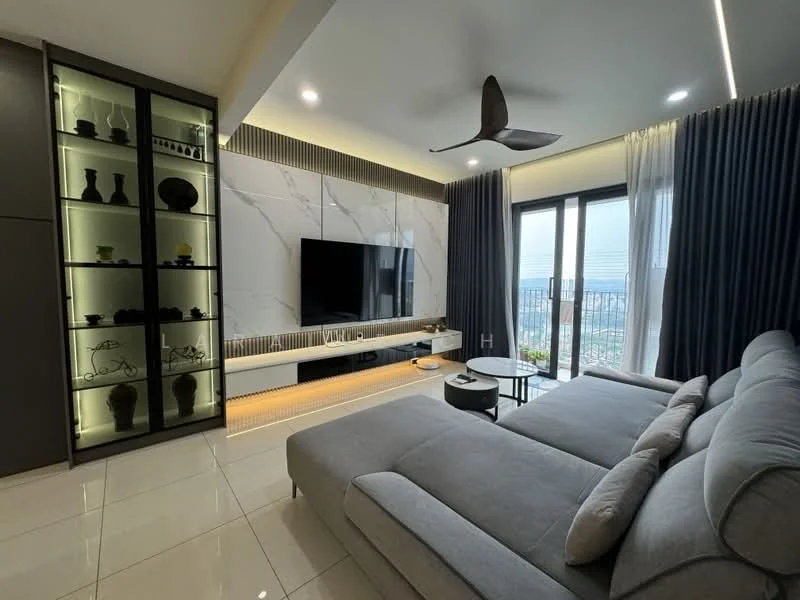 Living features: grey L-shape sectional sofa, wall-mounted TV, marble feature wall, floating TV console with LED lighting, glass display cabinet with decorative items, floor-to-ceiling windows, sheer curtains, recessed ceiling lights, 5-blade ceiling fan with light, polished tile flooring; style: modern; view: city.