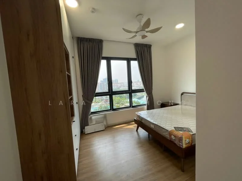 Bedroom features: wooden flooring, white painted walls, 5-blade ceiling fan, floor-to-ceiling windows, grey curtains, built-in wardrobe, unmade bed with mattress, city view; style: modern; view: city.