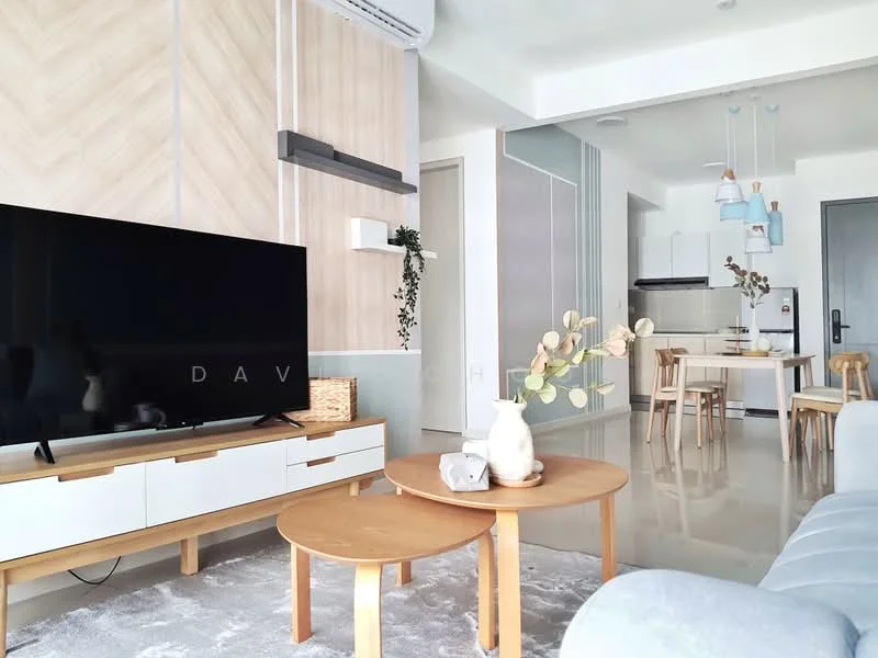 Living features: light grey fabric sofa, wooden coffee table, white TV console, large flat-screen TV, decorative vase on coffee table, area rug with neutral tones, wall-mounted shelf, wood panel accent wall, recessed ceiling lights, dining area visible in background, open-plan layout; style: modern. Dining features: wooden dining table, 4 wooden dining chairs, pendant lighting above dining table, kitchen area visible in background; style: modern.