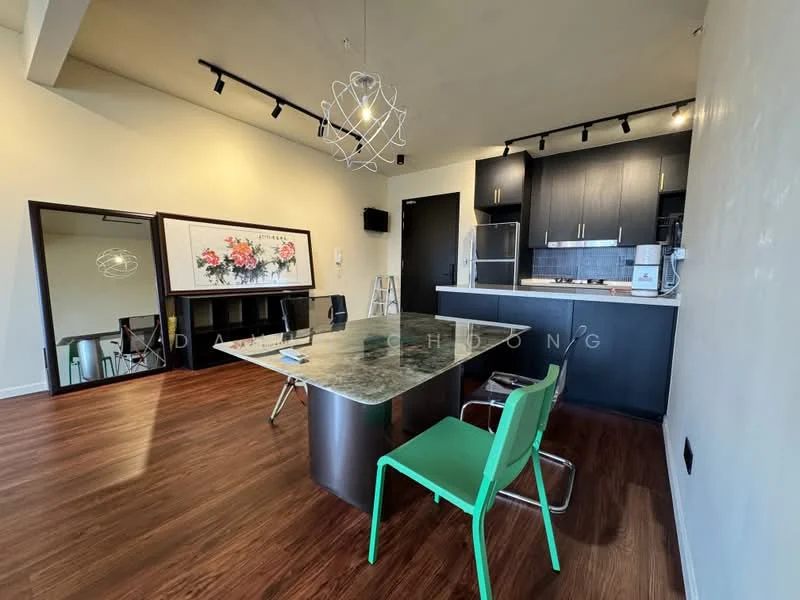 Living features: dark wood flooring, white painted walls, track lighting, large mirror on wall, black cabinetry, stainless-steel fridge, built-in oven, microwave, kitchen island with marble countertop, green plastic dining chairs, metal dining table, wall-mounted TV; style: modern.