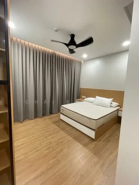 Bedroom features: queen-size bed, upholstered headboard, wooden flooring, grey curtains, ceiling fan, wall-mounted light fixtures, built-in wardrobe, decorative wall paneling; style: modern.