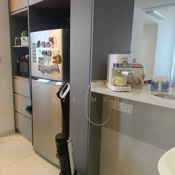 Kitchen features: stainless-steel fridge, built-in cabinetry in grey, countertop with bar seating, coffee machine, microwave, vacuum cleaner, white tiled flooring, wall-mounted air conditioning unit; style: modern.