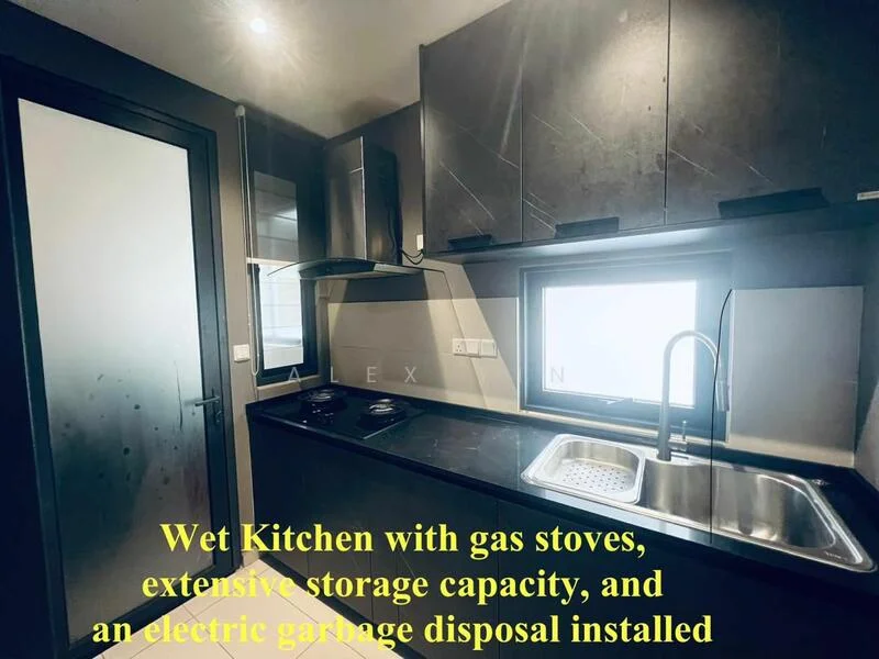Kitchen features: black cabinetry, black countertop, single-bowl stainless-steel sink, chrome pull-down faucet, gas stove, electric garbage disposal, extensive storage capacity, window above sink, tile backsplash, recessed lighting; style: modern.
