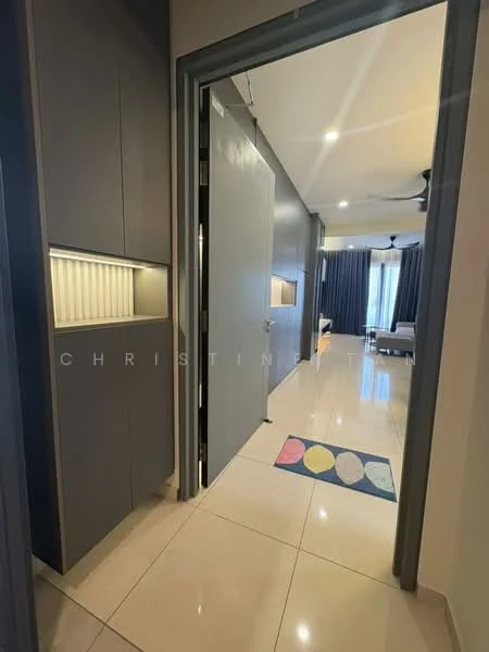 Room features: grey cabinetry, white wall, glossy tile flooring, recessed lighting, ceiling fan, door with handle, decorative rug with circular pattern, light-colored curtains, open space leading to living area; style: modern.
