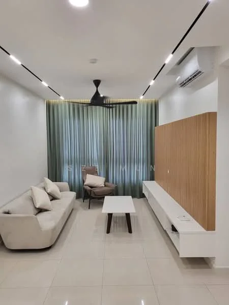 Living features: 3-seater fabric sofa in light grey, 2 accent pillows, wooden armchair, white coffee table, wall-mounted TV console in white, floor-to-ceiling windows, sheer curtains in light green, recessed LED downlights, 5-blade ceiling fan with light, glossy tile flooring in cream; style: modern.