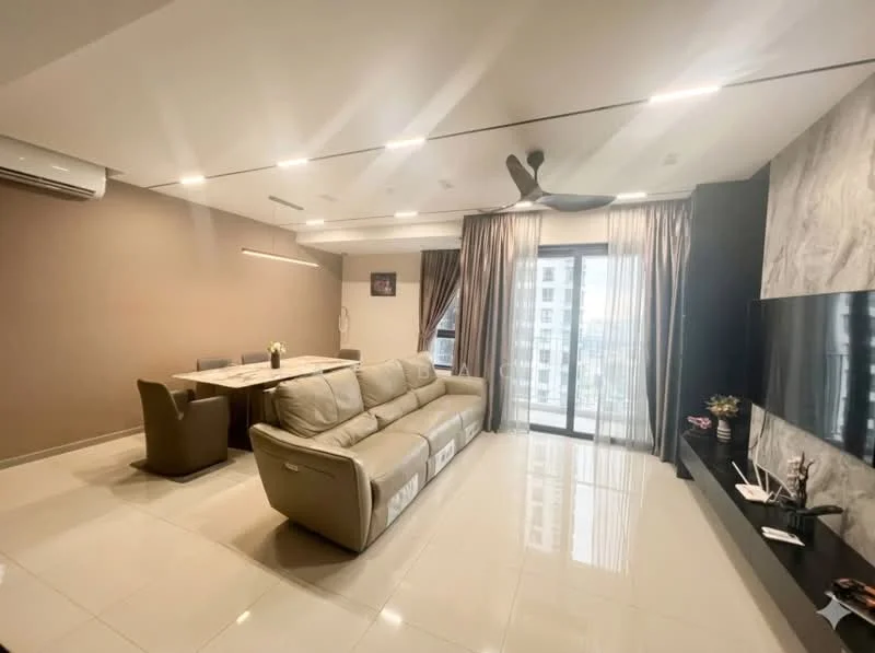 Living features: 3-seater leather sofa in light beige, coffee table, wall-mounted TV, TV console, dining table for 4, upholstered dining chairs, floor-to-ceiling windows, sliding glass door, curtains, recessed LED downlights, ceiling fan, cream painted walls, glossy tile flooring, decorative wall with stone cladding; style: modern; view: city.